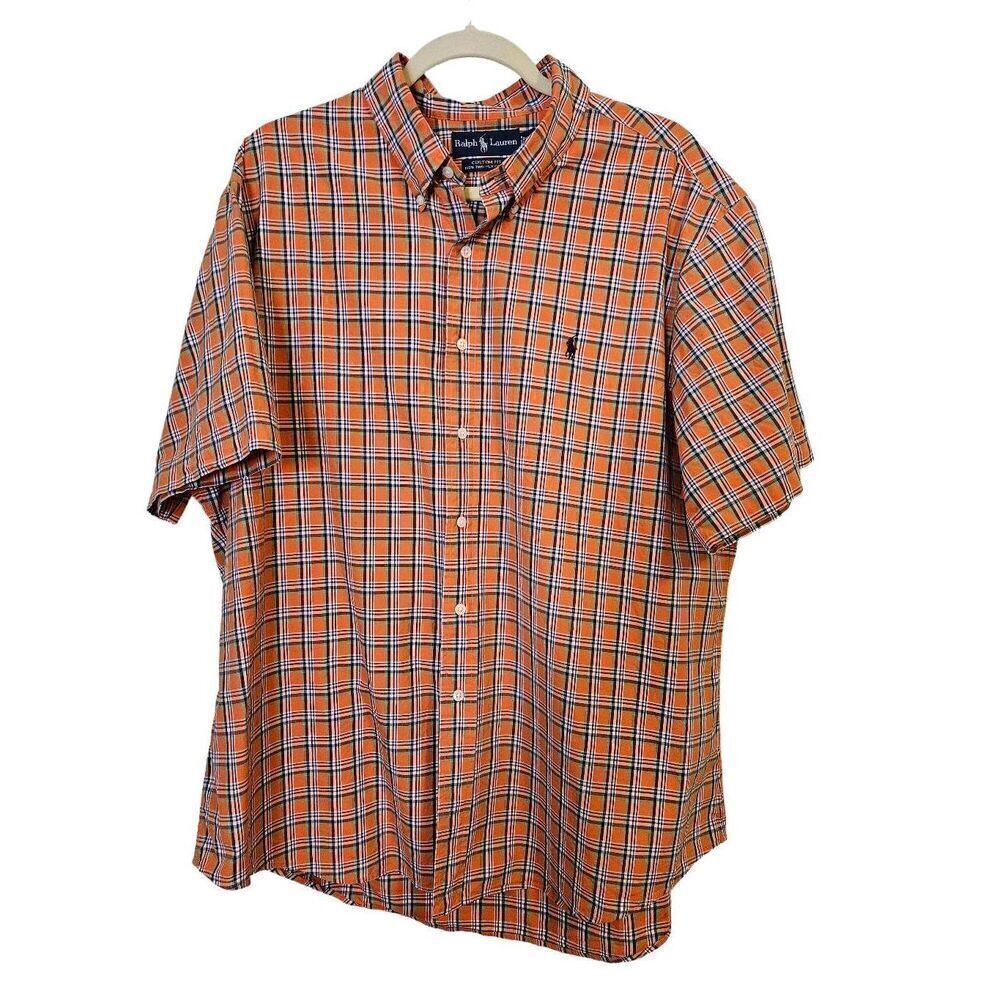 Ralph Lauren custom fit orange plaid button up short sleeved shirt. Size XXL. S